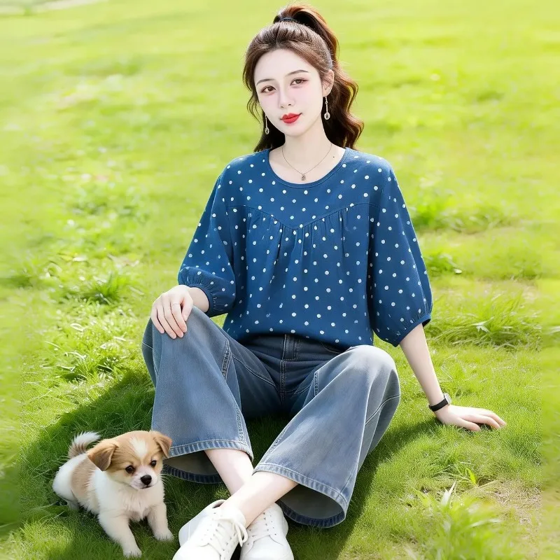 

Womens Polka Dot Loose Blouse Puff Sleeve Casual Summer Top For Plus Size