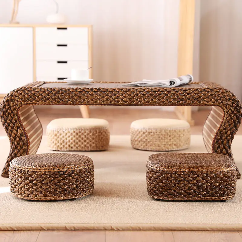 30x30 Rattan Short Stool Creative Hand-Woven Piers Household Living Room Sofa Coffee Table Stool Load-Bearing Strong and Durable