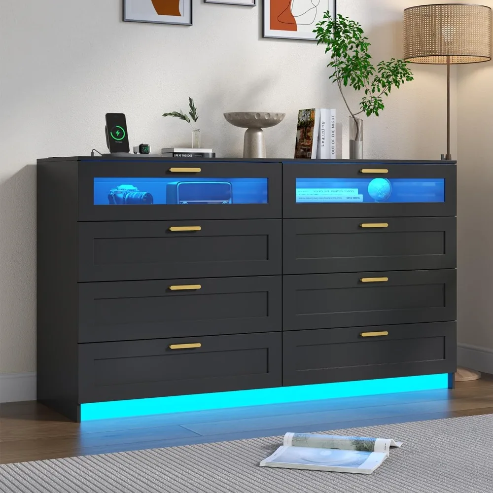 

8 Drawers Dresser with Charging Station for Bedroom with LED Lights, Modern Chest of Drawers, Double Wide Dresser Organizer