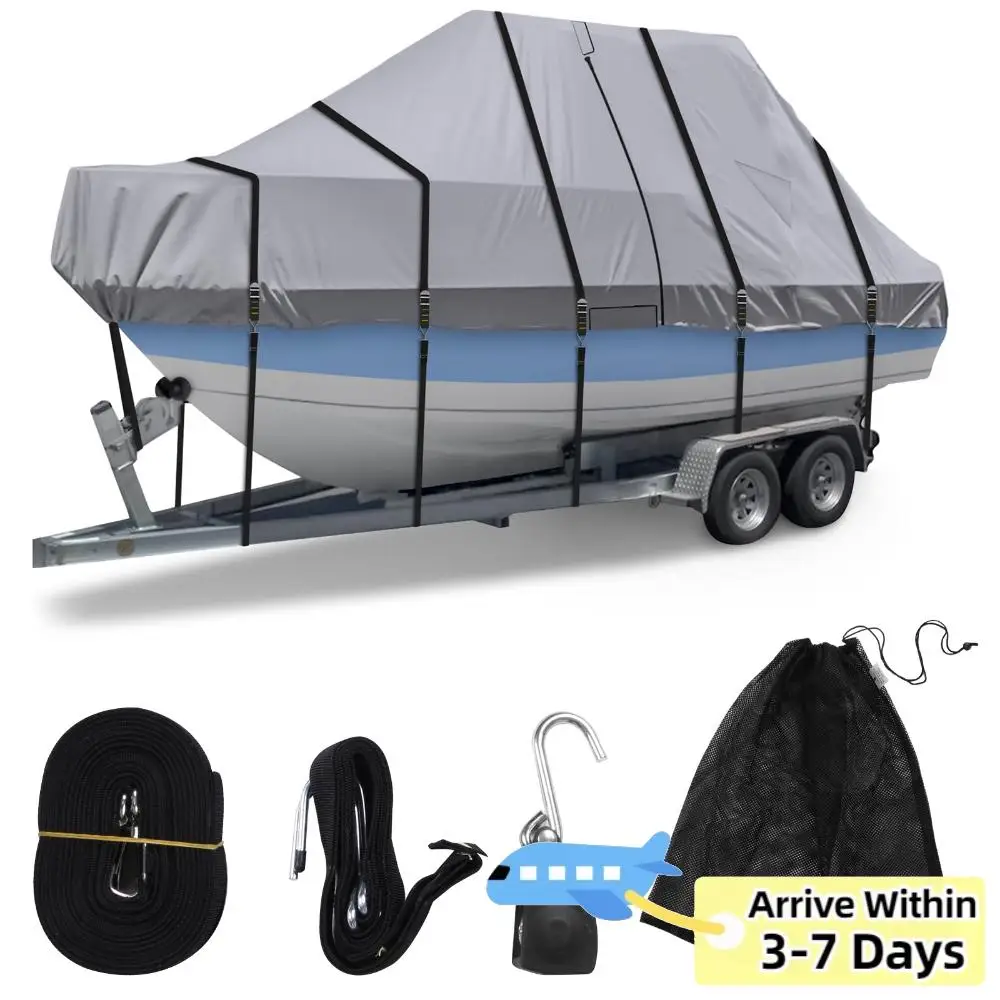 

1200D T Top Boat Cover with Motor Covering & Adjustable Buckle Snowproof Boat Cover with 18 Tie Down Strap For Protecting Roof