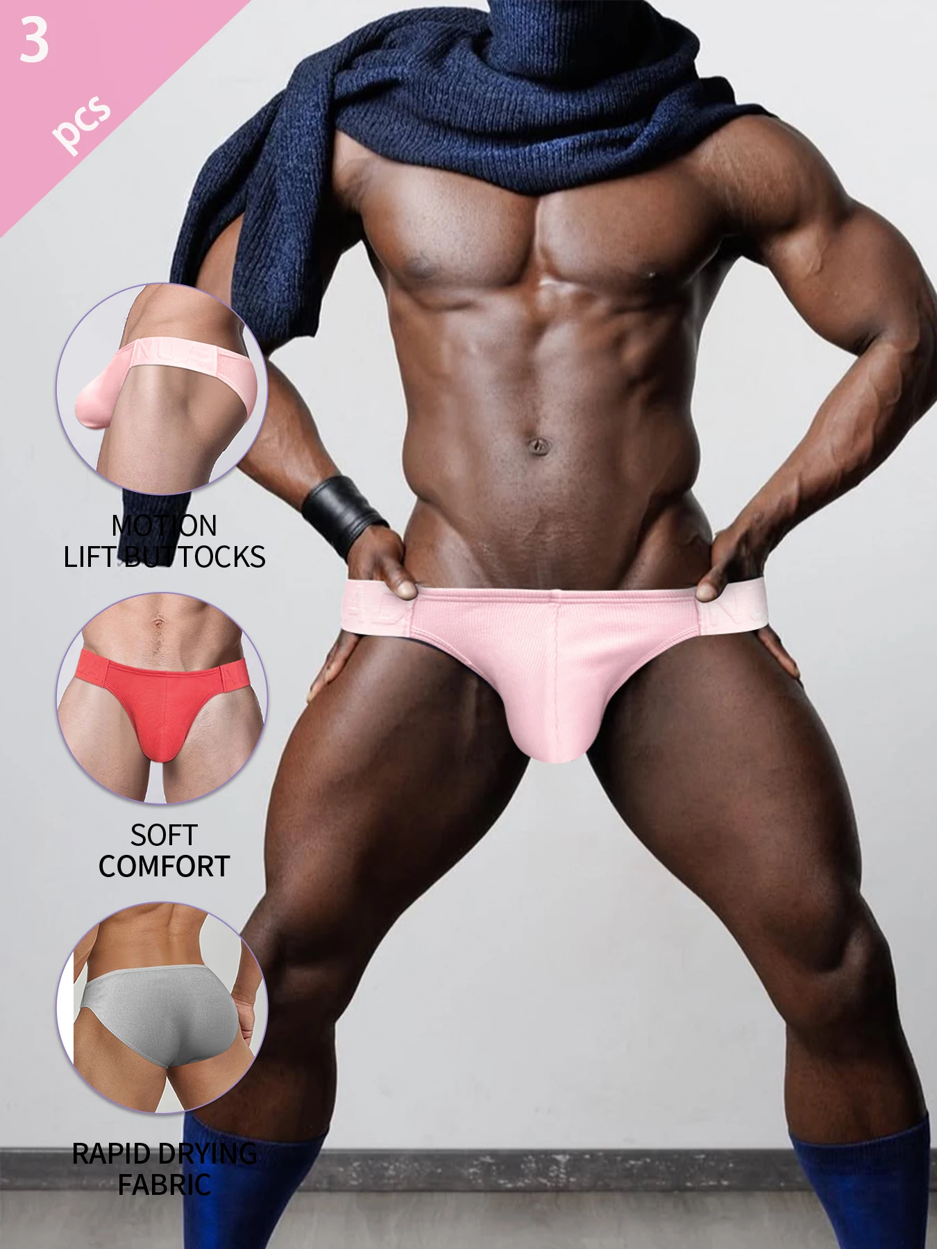 

3pcs-Mix Hot Chinese Style Embossed Man Underwear Sexy High-cut Briefs For Men Low Waist Lingerie Male Ribbed Cotton Solid Color