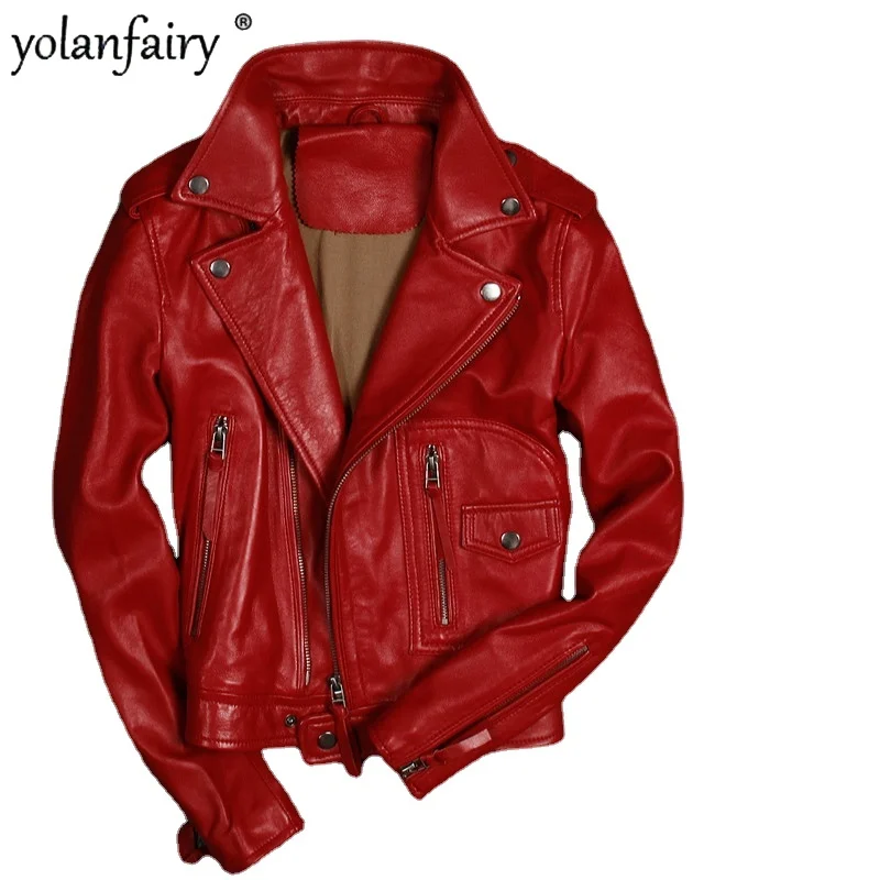 

YOLANFAIRY Real Sheepskin Leather Jacket Women Short Slim Motocycle Leather Jacket Spring Autumn Jaqueta De Couro 1727 MF117