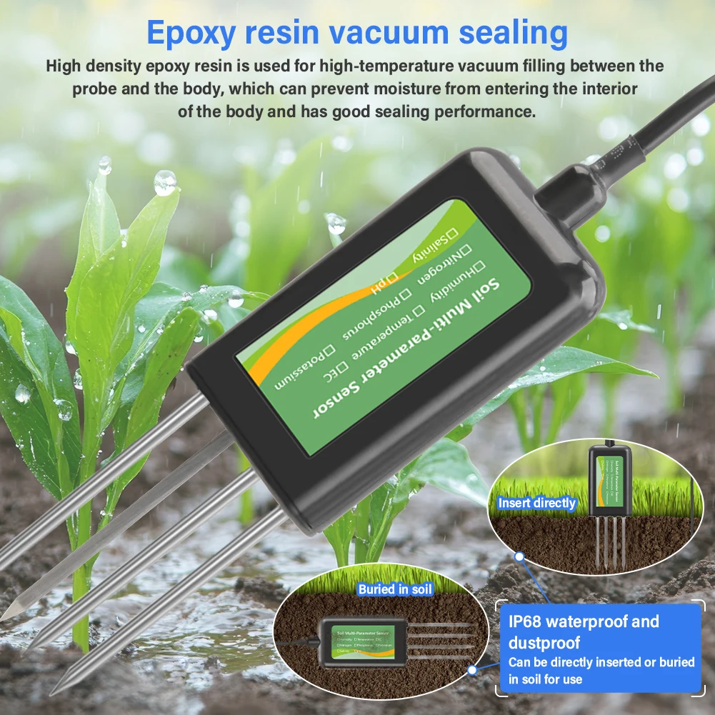 Bodensensor 8-in-1 RS485 EC pH Feuchtigkeit Temperatur Salzgehalt NPK Messgerät für Landwirtschaft Garten Smart Farm Langzeitüberwachung