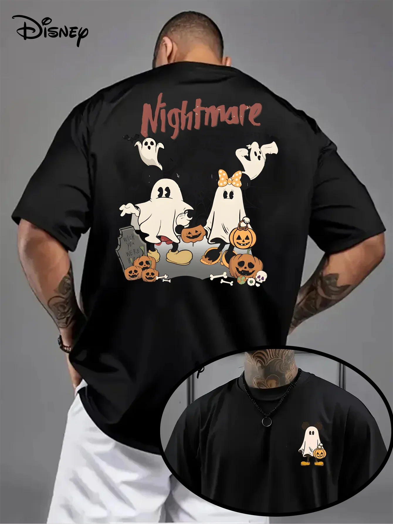 

Disney Halloween Mickey Mouse Ghost Men's T-shirt, Pure Cotton Short-sleeved Casual Theme Short-sleeved Fashionable Men's Top