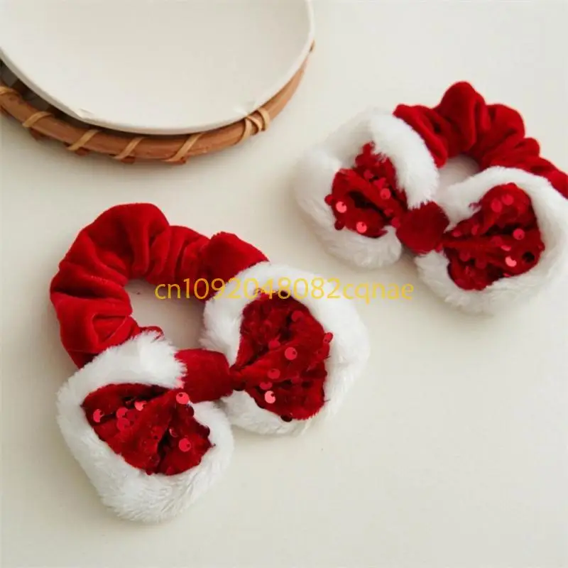 Christmas Theme Elastic Hair Rubber Velvets Bowknots Sequins Scrunchies Ornament
