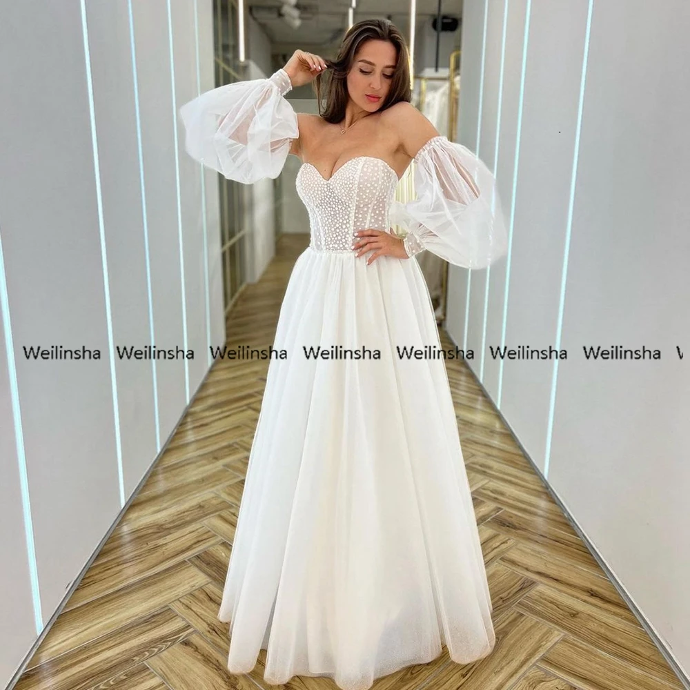 

Weilinsha Sweetheart Puffy Tulle Beading Wedding Dresses A Line High Slit Bridal Gowns 2022 Summer Robe De Mariée New