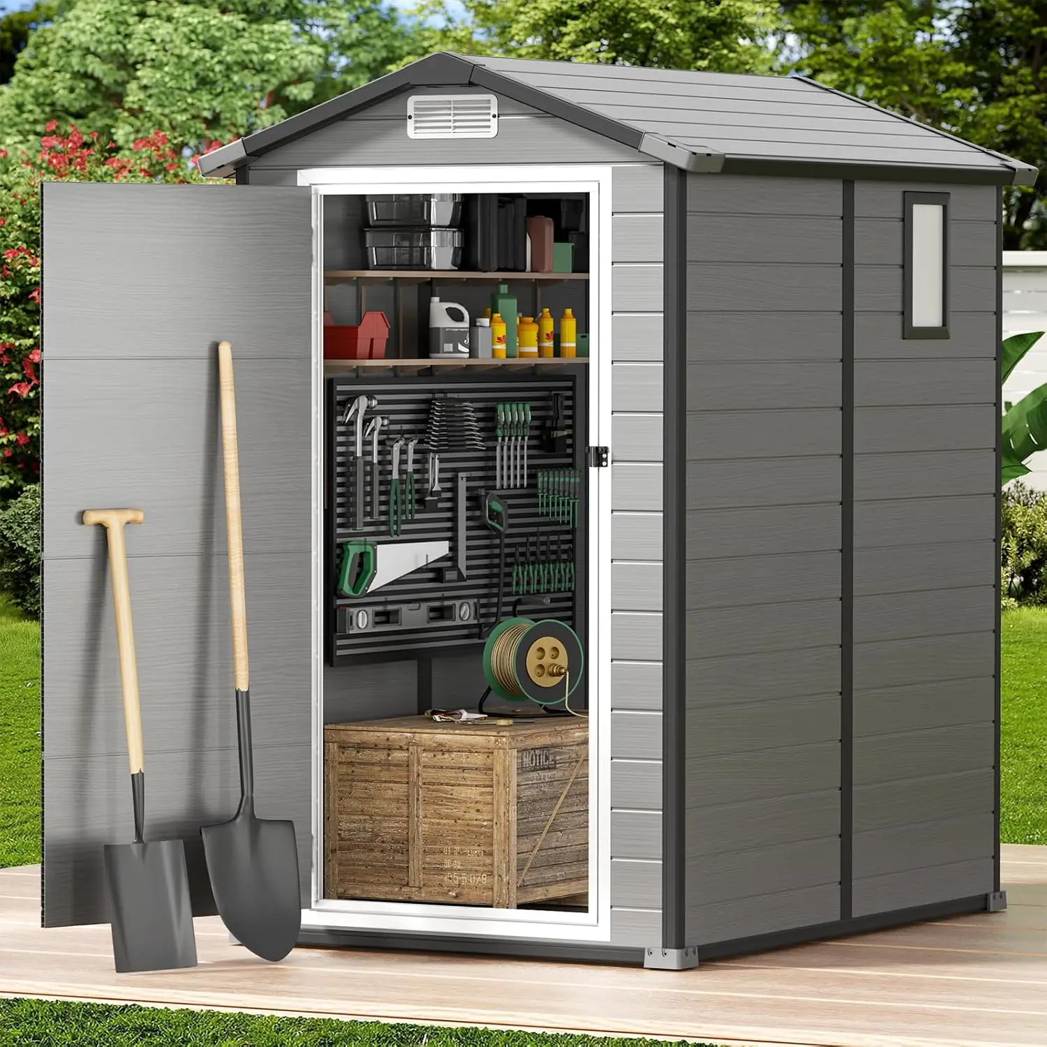 Outdoor Storage Shed with Floor, Resin Plastic Utility Garden Tool House 4×6 FT, Customized - view 2