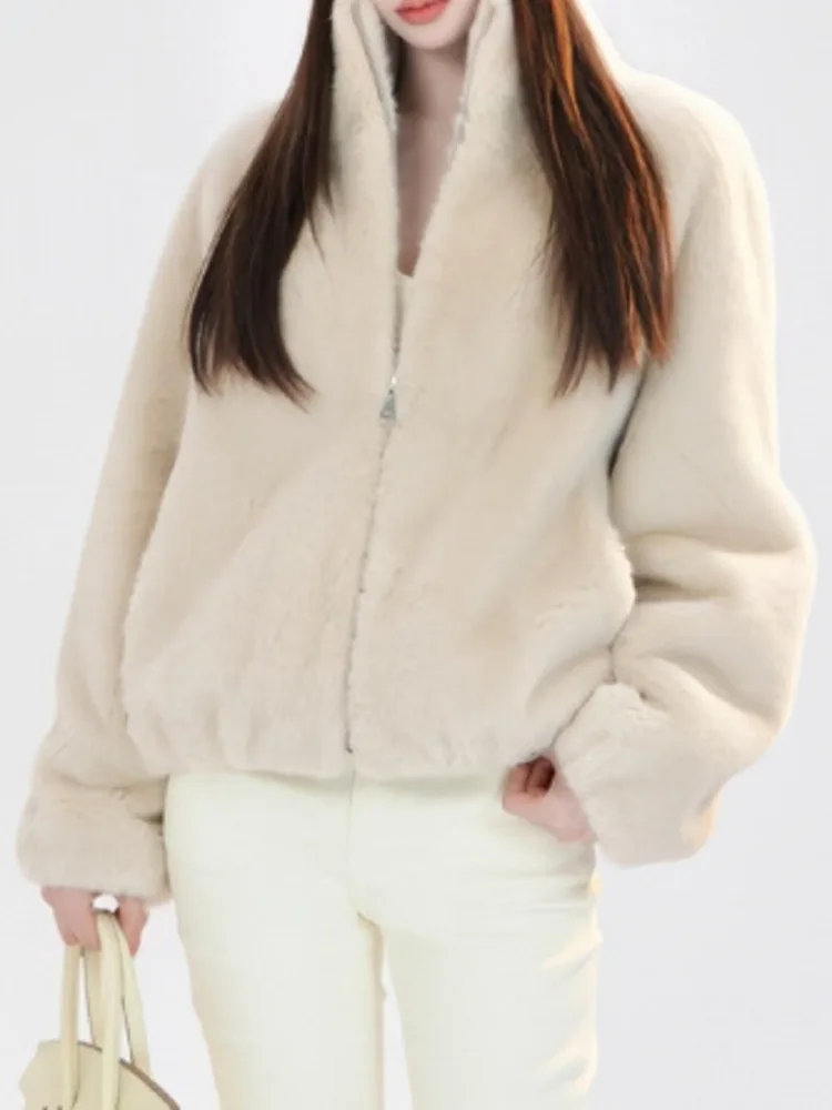 سترة نسائية قصيرة من الفرو الصناعي من ZMEENNA معطف منفوش بياقة عالية وياقة ثابتة وسحّاب كامل وحاشية برباط ملابس خارجية شتوية دافئة ZM4455 #2