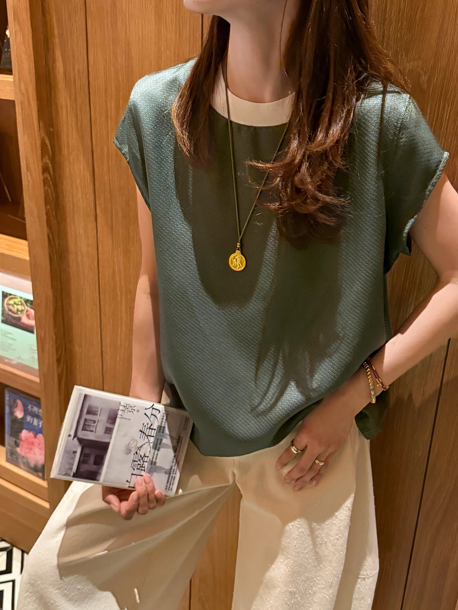 

Elegant Sleeveless Cover up Top Silk Blend Breathable round Neck Short Sleeve Plant Dye Striped Pattern Women's Loose Fit Tunic