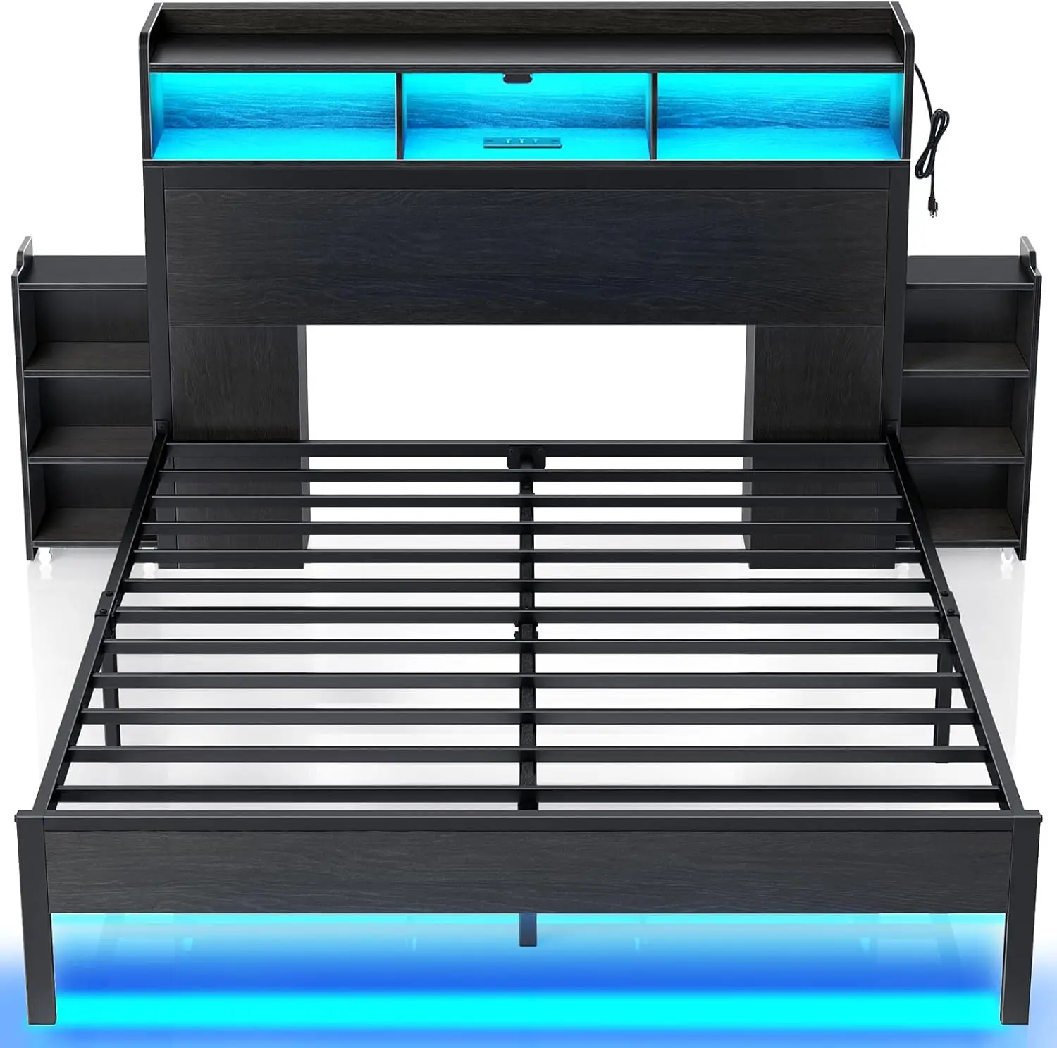 Bed Frame Queen Size with Bookcase Storage Headboard, Slide Out Bedside Storage, Bed with Charging Station & LED Lights