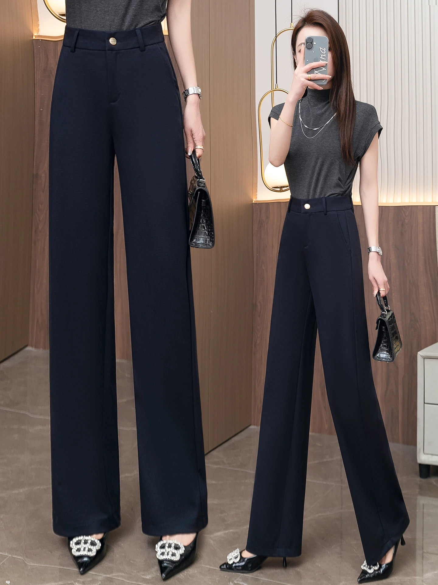 

High Waist Straight Leg Trousers Women's Casual Wide Leg Pants Silk Spring Autumn New Style Elegant Style