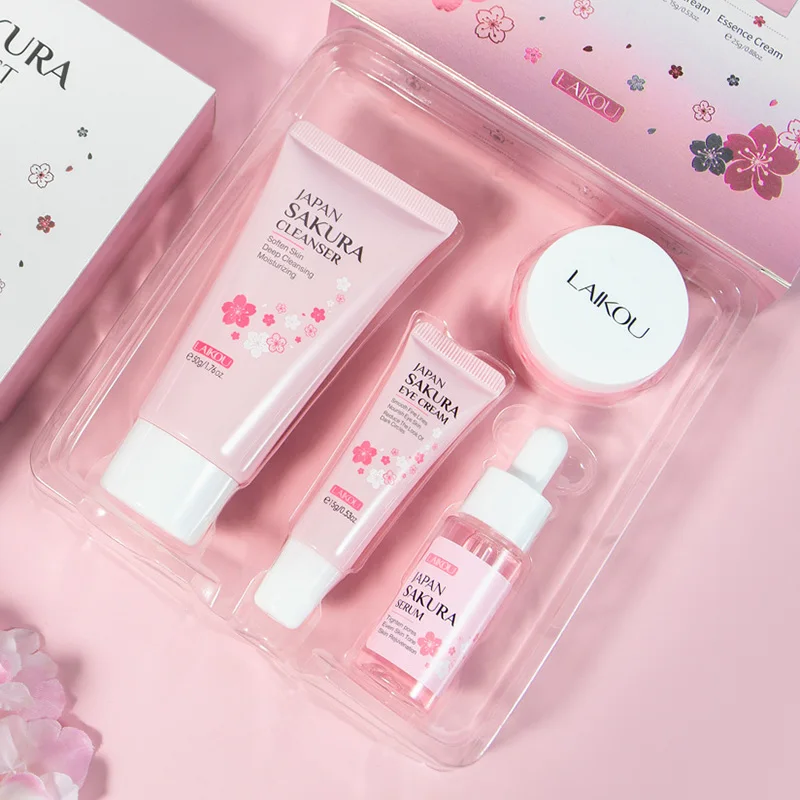 

4pcs/kit LAIKOU Sakura Skin Care Sets Facial Cleanser Eye Creams Face Serum Lotion Toner Whitening Moisturizing Face Care Kit