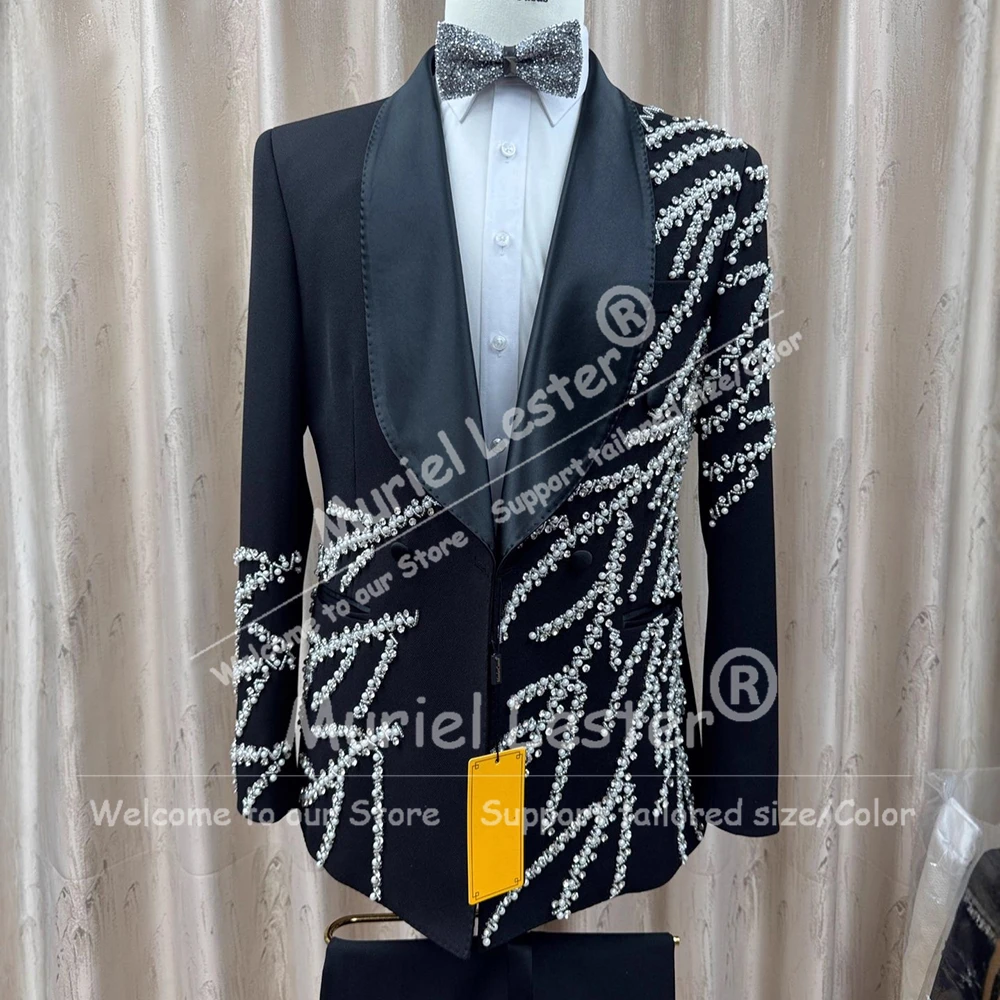 

Exclusive Design Suit Men Beaded Pearls Shawl Label Prom Blazers Customized 2 Piece Set Double Breasted Groom Wedding Tuxedos