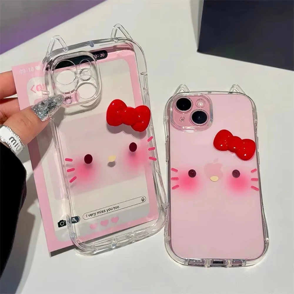 حافظة شفافة بسيطة لطيفة لأحمر الخدود Hello Kitty لهاتف آيفون 13 15 11 16 12 Pro Max 14 7 16 15 8 Plus Xr Xs X Max Se غطاء آذان قطة لطيف