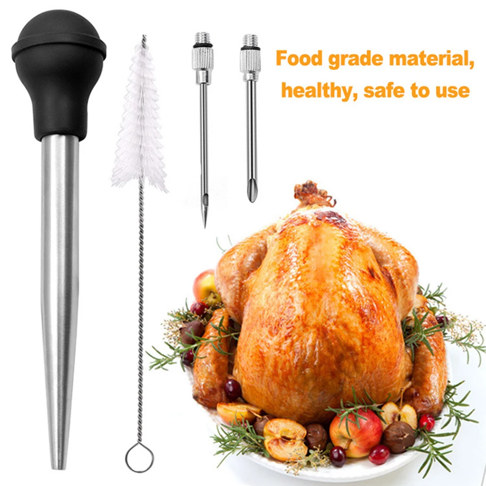 

Stainless Steel Turkey Seasoning Pump Turkey Poultry Meat Syringe Needles Cleaning Brush Barbecue Seasoning Tool Kitchen Gadgets