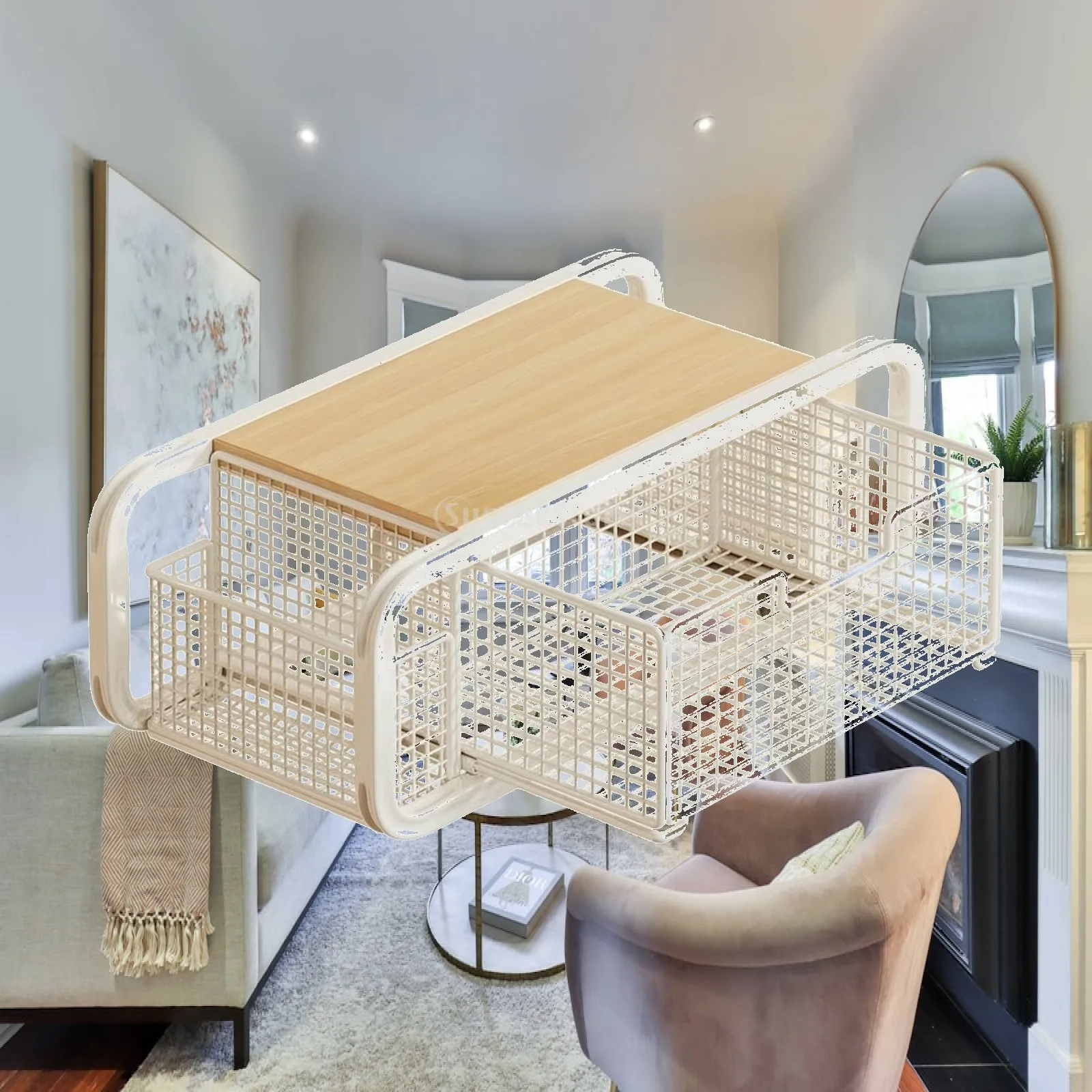 Drawer Type Storage Shelf with Open Wire Basket and White Coated Frame for Kitchen Countertop Organizer Use