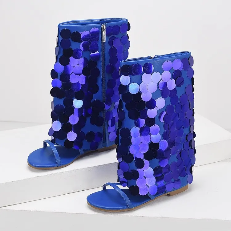 Women's Blue Handmade Thread Fish Scale Sequins Boots Original Design Ladies Single Large Zipper Fish Mouth Cool Pants Boots