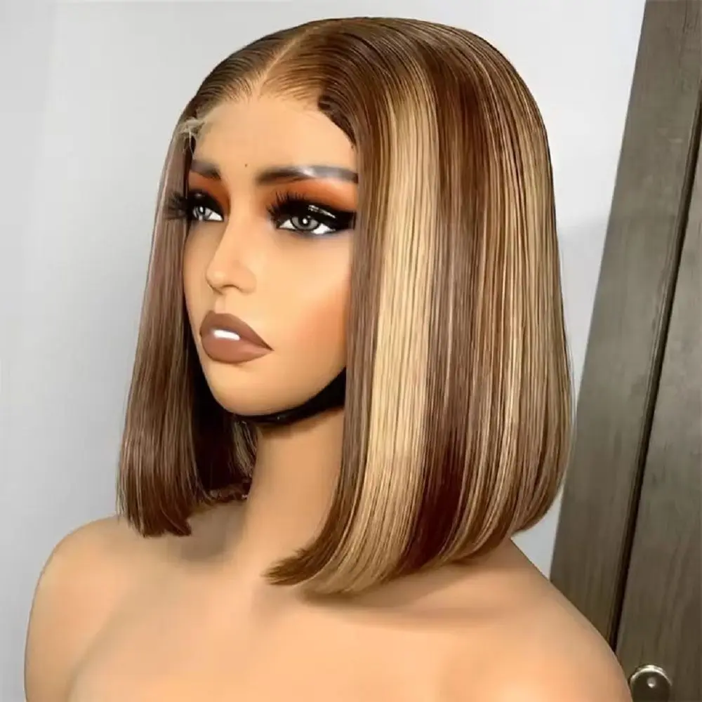 4/27 Highlight Short Bob Wig Human Hair Straight 13x4 Lace Frontal Wigs Ombre Blonde Piano Color 4x4 5x5 HD Lace Closure Bob Wig