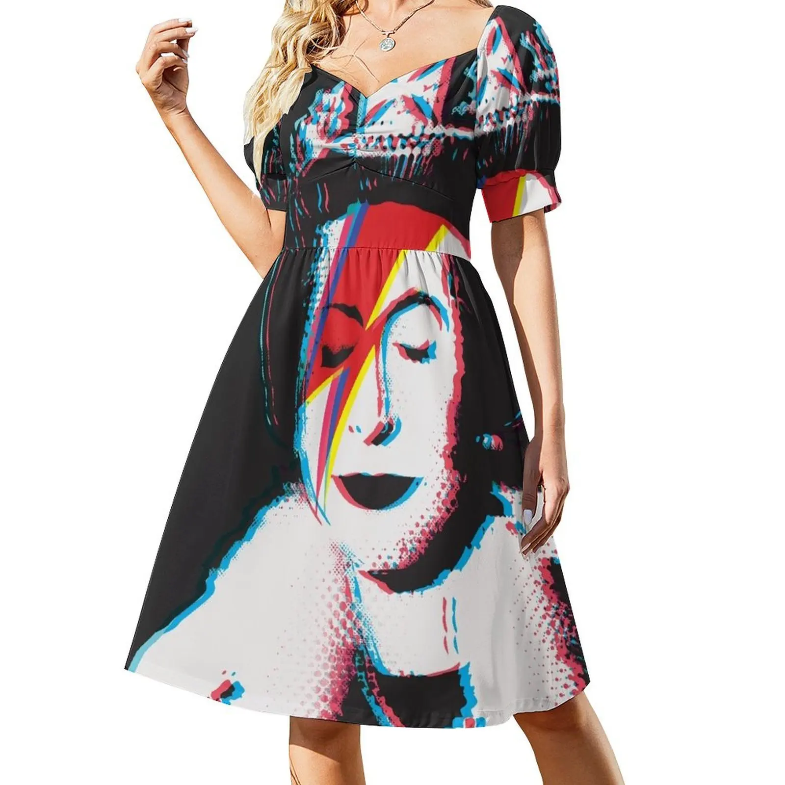 Banksy UK England God Save the Queen Elisabeth rockband face makeup lightning red and blue 3D anaglyph Retro Short-Sleeved Dress