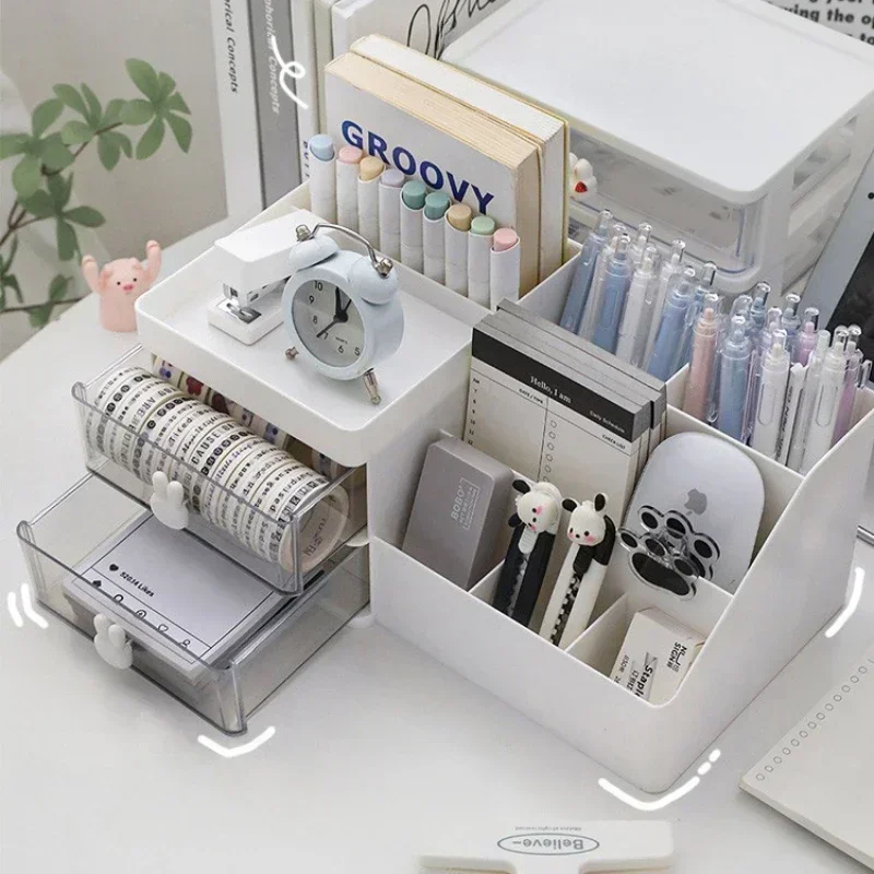 New Desktop Transparent Cosmetics Storage Box Desktop Organizer with Drawers Pen Holder Stationary Storage Rack for Office Desks