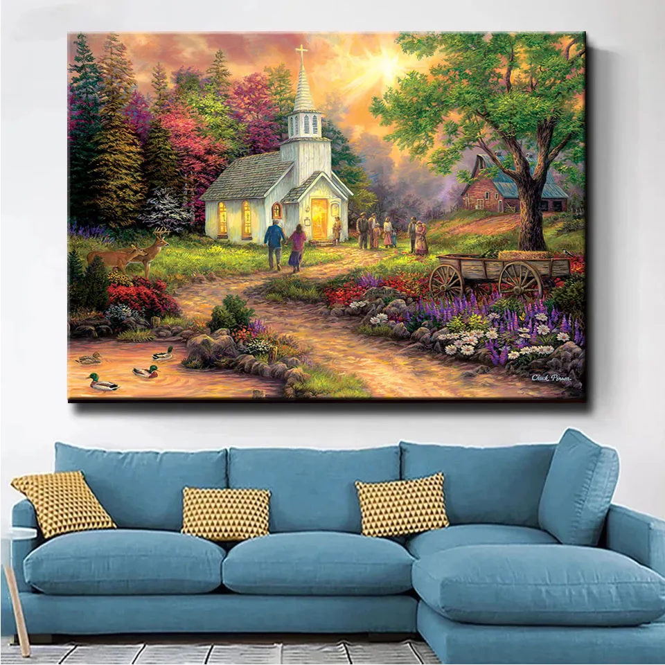 5D DIY Diamond Painting Village Church Landscape Cross Stitch Diamond Embroidery Rhinestone Full Drill Mosaic Art Home Decor