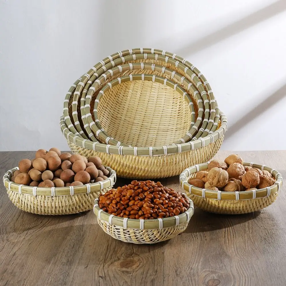 Natural Round Fruit Snack Basket Pastoral style Exquisite Storage Basket Handmade Bamboo Basket