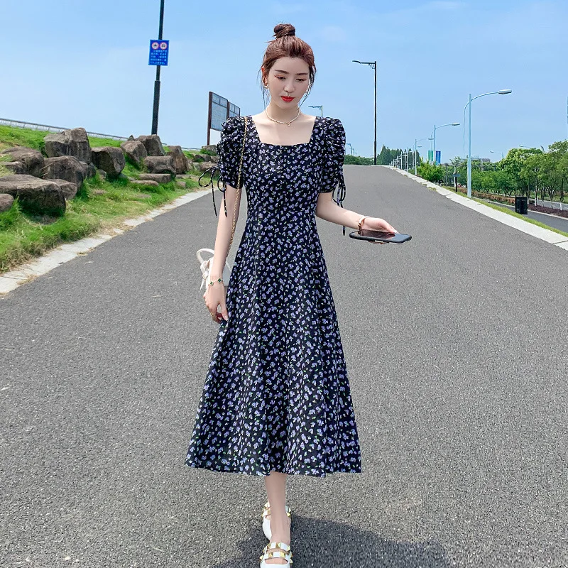 

Spring Summer Elastic Waist Chiffon Dress Women Casual Dresses Vestidos Fashion Female Short Sleeve Pleated A-line Dresses