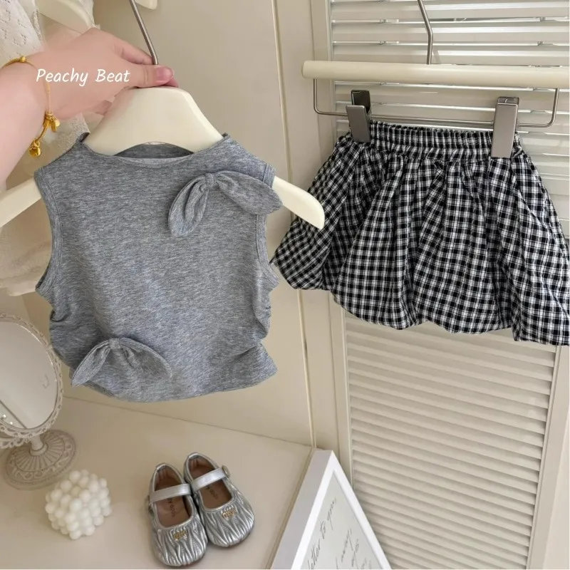 

Модный комплект одежды для девочек: хлопковый топ с бантом + юбка в клетку, 2 предмета, для младенцев и малышей, летняя одежда, 18 месяцев - 7 лет