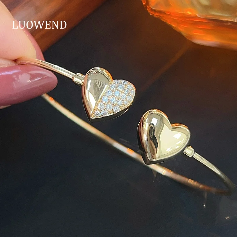 LUOWEND 100% 18K Yellow Gold Bangle Romantic Heart Shape Real Natural Diamond Bangle for Women Wedding High Party Jewelry