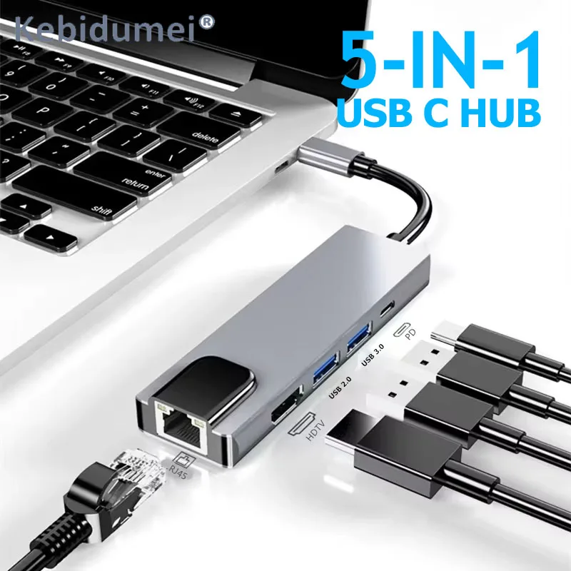 

5-портовая док-станция USB C типа C к RJ45 100M, высокоскоростной разветвитель USB 3.0 5 Гбит/с, HDMI 4K USB C-концентратор для ноутбука Macbook