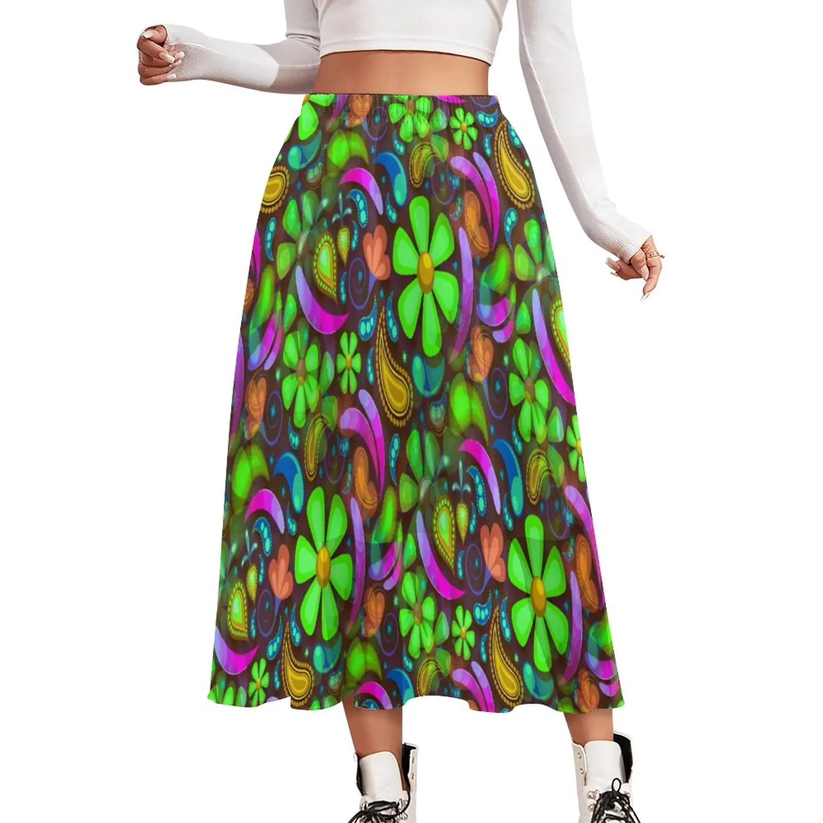 Green Floral Skirt Retro Tribes Vintage Boho Skirts High Waist Printed Korean Fashion Casual Skirt Big Size 2XL 3XL