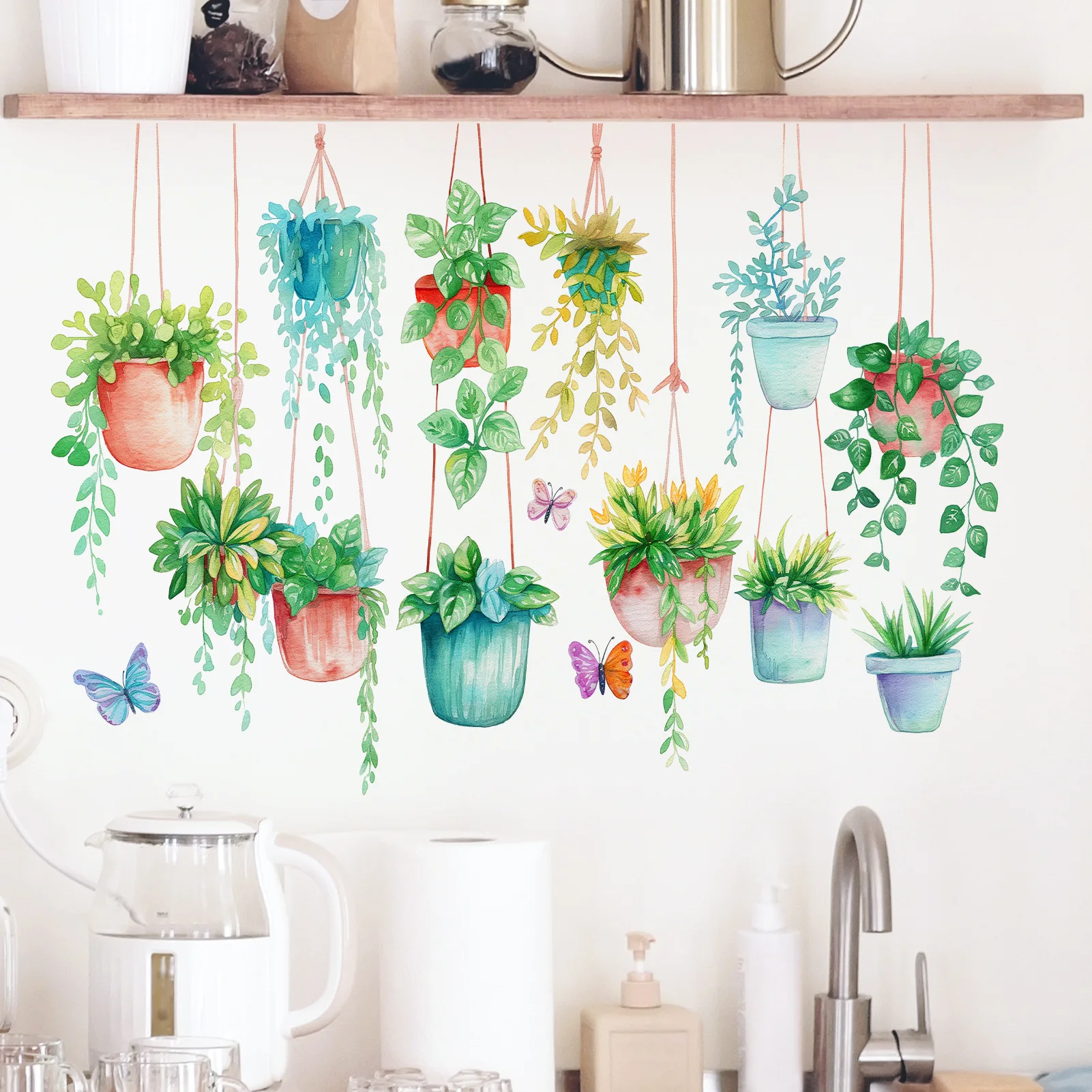 Hanging Plant Basket Butterfly Wall Stickers Self Adhesive Removable Decals for Bedroom Headboard Kitchen Window Home Decor