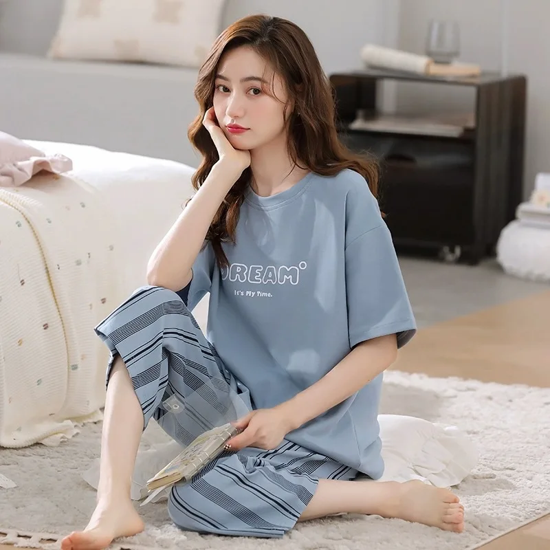 Summer Ladies Pajamas Loungewear Set Teenage Student New Short Sleeve Cropped Pants Fat Ladies Plus Size Loose Loungewear