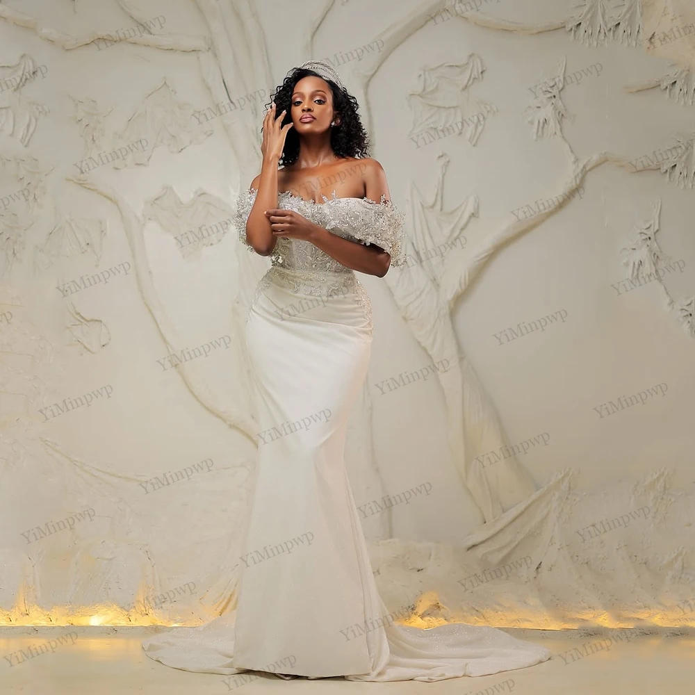 

Luxury Wedding Dress For Women Crystals Off Shoulder Mermaid Satin Ivory Aso Ebi Bride Gowns Corset Back Sweep Train Customized
