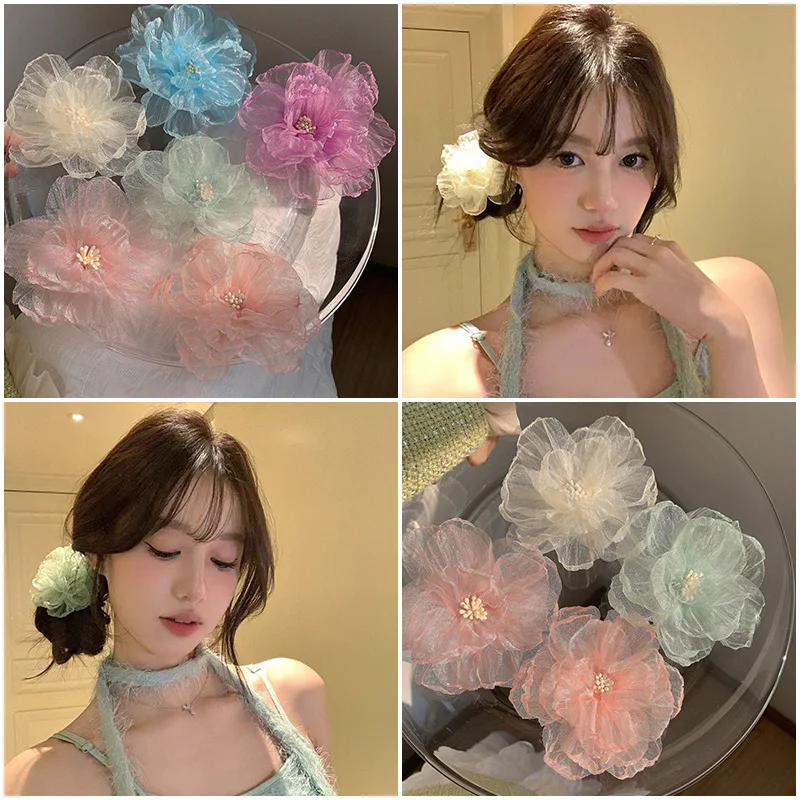 1PC Organza Flowers Hair Clips Women Fashion Flower Hair Card Organza Handmade Simulated Hairpins Headwear Hairs Accessories