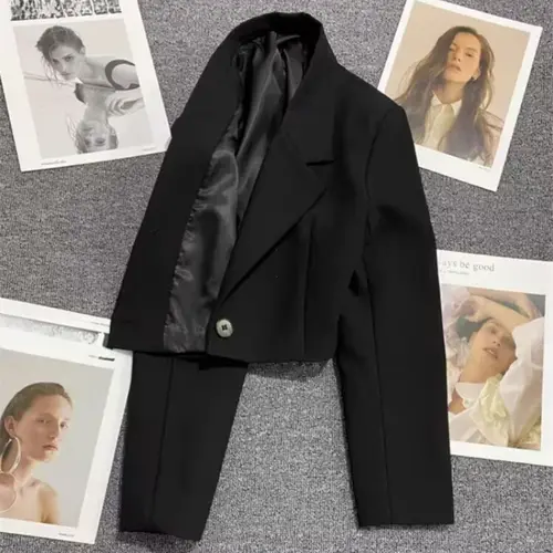 Black Cropped Blazers Woman Trend 2025 New All-match Notched Collar Crop Jacket Women Korean Chic Single Button Suit Coat - Image 2