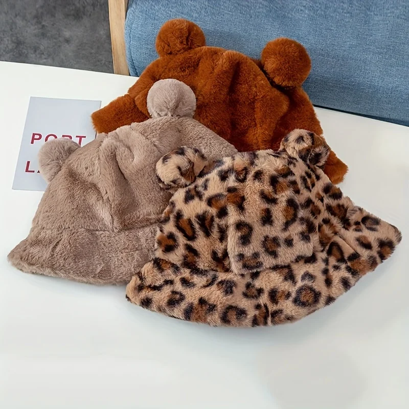 Cute leopard print ears plush fisherman hat for women Autumn-winter thickened hairball thermal pot hat