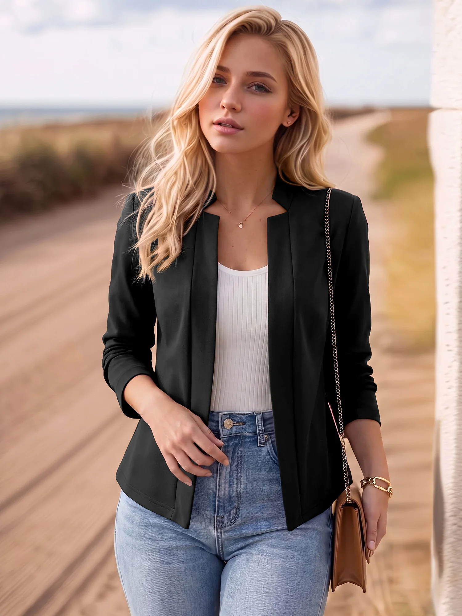 Ladies Solid Color Mandarin Collar Open Front Blazer Slim Long Sleeve Elegant Daily Wear Suit Jacket