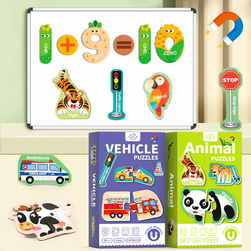 

Montessori Magnets Jigsaw Puzzle Toy Cartoon Animal Number Alphabet Vehicle Cognition Matching Game Children Early Education Toy