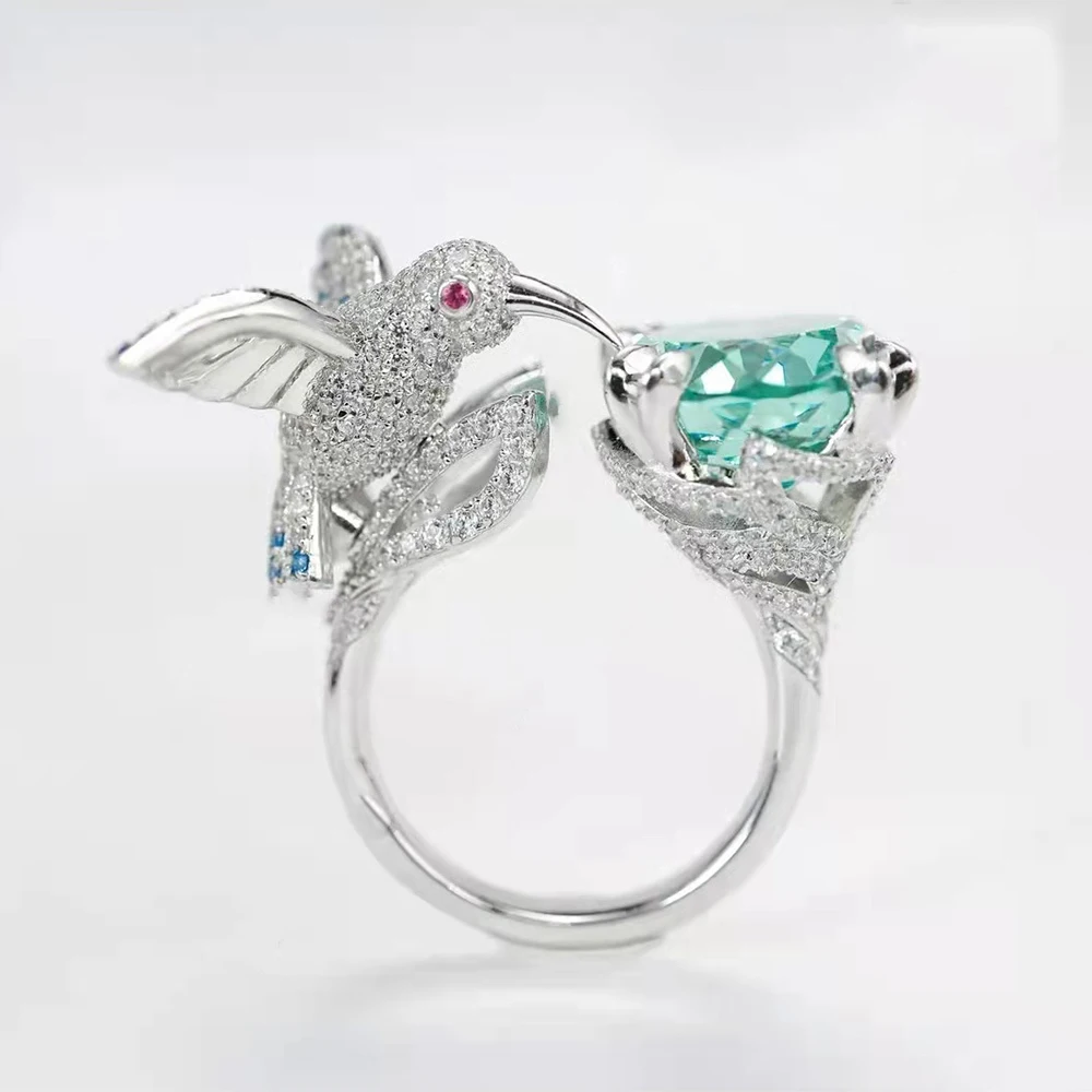 Foydjew Fashion Women's Silver Plated Sea Blue Crystal Rhinestone Rings Animal Bird Hummingbirds Ring Wedding Boho Jewelry Gift