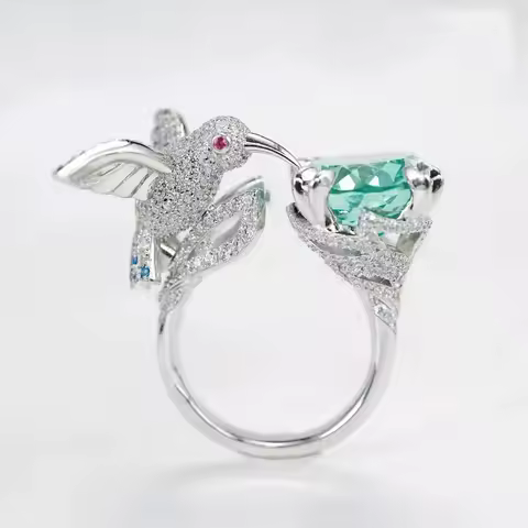 Foydjew Fashion Women's Silver Plated Sea Blue Crystal Rhinestone Rings Animal Bird Hummingbirds Ring Wedding Boho Jewelry Gift