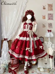 New Autumn and Winter Ladies Elegant Lolita Jsk Suspender Dress Retro Sweet Women's Lace Bow Girls Slim Straps Long Dresses