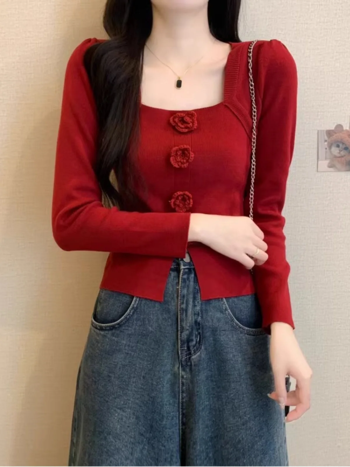 

Ankela Red 3D Flower Knitted ort Top Women's Early Spring Slim Fit Square Collar Split Base irt Korean Sle Long Sve