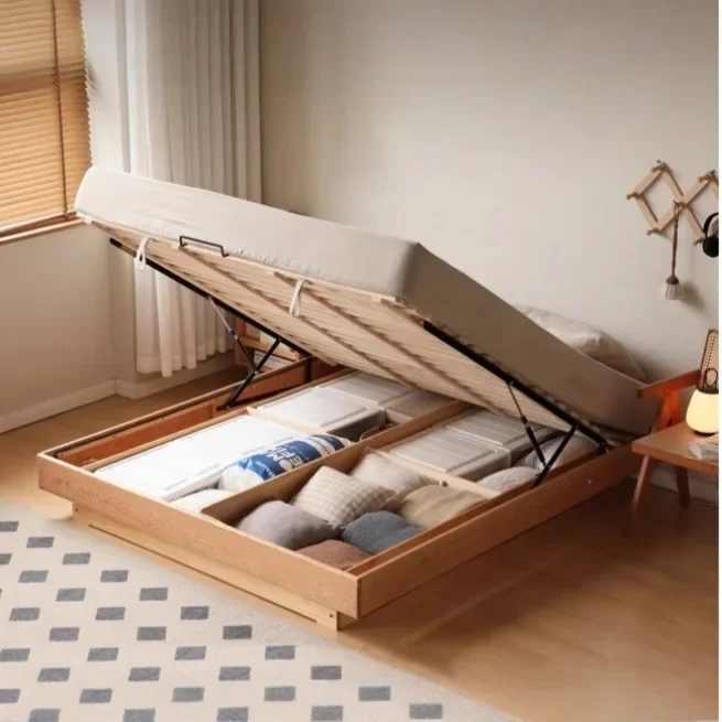 Solid wood box without bedside storage bed, cherry wood small apartment tatami flat edge suspension bed