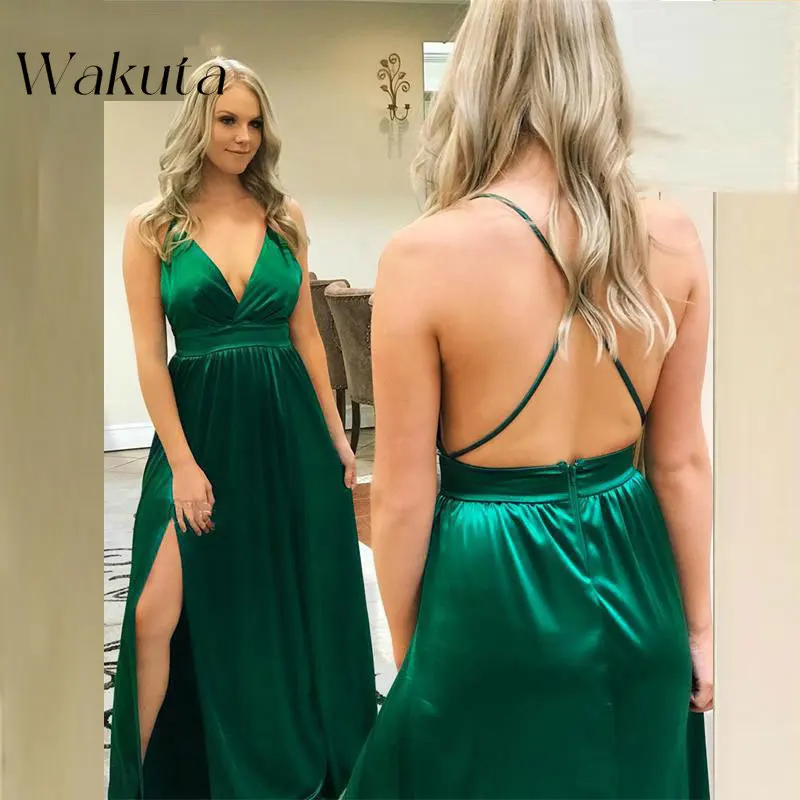 Wakuta Fashion Sexy Deep V Neck Strapless Simulated Silk Maxi Vestidos Elegant Backless Slim Floor-length Cocktail Party Dresses