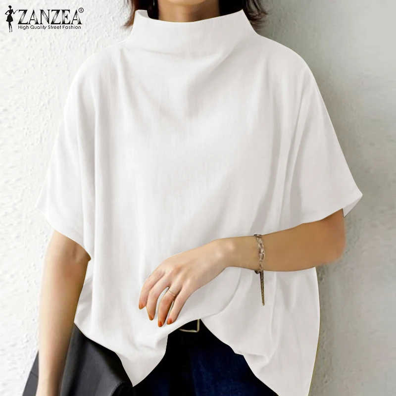 ZANZEA Casualowa bluzka z czystej bawełny letnia damska solidna bluzka z golfem z krótkim rękawem zamek błyskawiczny z tyłu Blusas eleganckie wakacyjne topy ponadgabarytowe