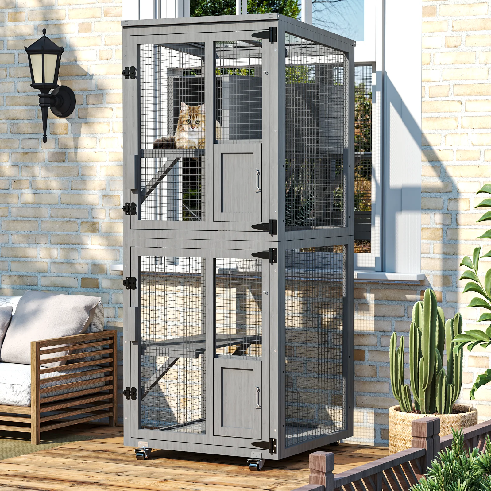 4-Tier Large Outdoor Cat Catio, Cat Enclosure with Wheels, Waterproof Roof, 4 Doors & Resting Box, Grey/Black