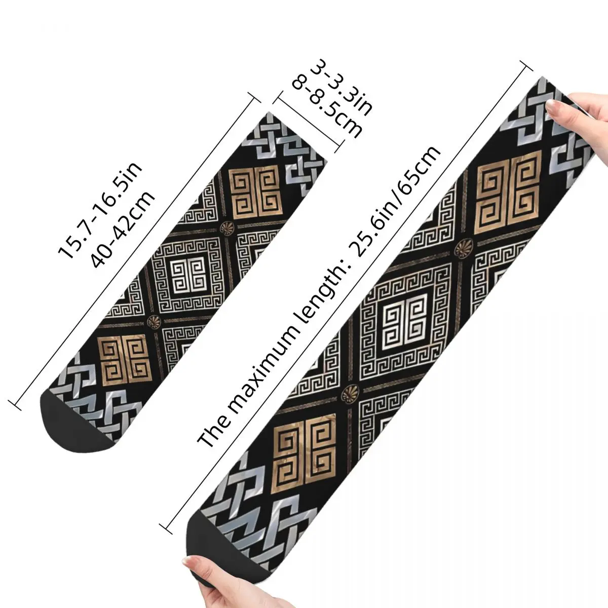 Men\'s Socks Key Ornament Black And Gold Vintage Harajuku Greek Meander Street Style Casual Pattern Crew Crazy Sock Gift Printed