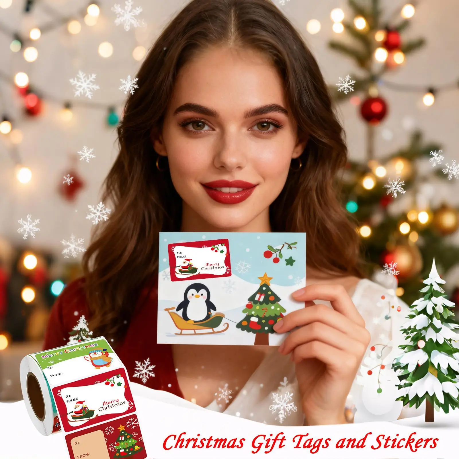 Christmas Tags Roll 500 Pieces Assorted Cartoon Adhesive Holiday Stickers Christmas Pattern Envelope Seals Roll For Envelopes