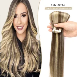 Cinta en extensiones de cabello humano liso Remy, extensiones de cinta de PU, Marrón ceniza, resaltado, Rubio, extensiones de cabello